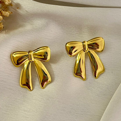 Ribbon Bow Gold Earrings