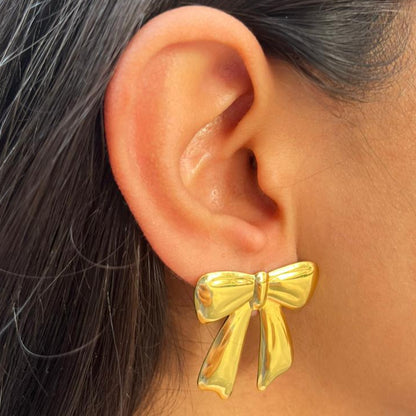 Ribbon Bow Gold Earrings